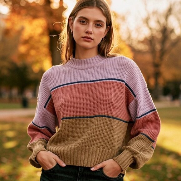 SO Women's Multi Wide Stripe Waffle Knit Pullover Crew Neck Sweater Size L - Picture 1 of 11